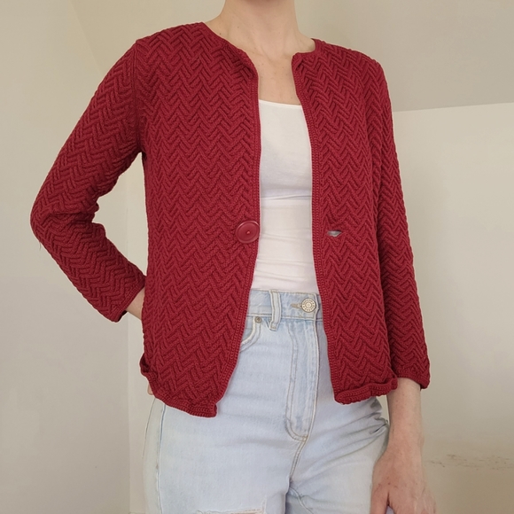 Vintage - Red cotton knit cardigan/Sweater - Picture 3 of 14